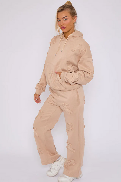 Oversized Crucifix Cross Hooded Tracksuit Beige