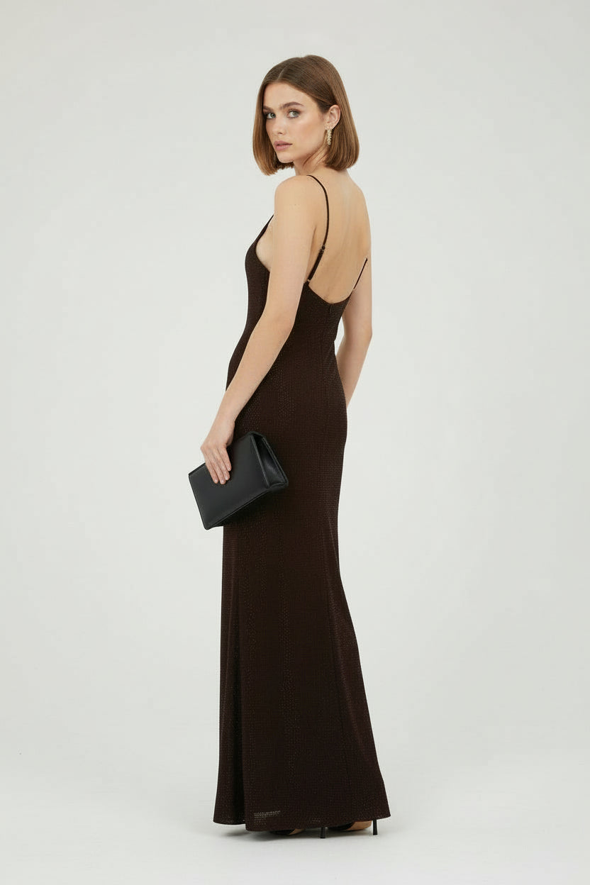 Embellished Plunge Neck Maxi Dress Brown