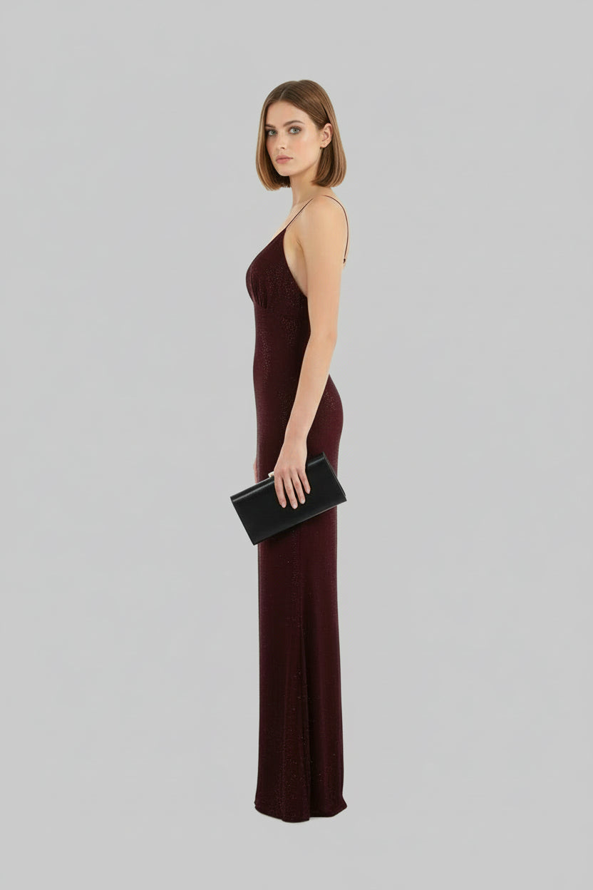 Embellished Plunge Neck Maxi Dress Burgundy