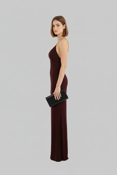 Embellished Plunge Neck Maxi Dress Burgundy