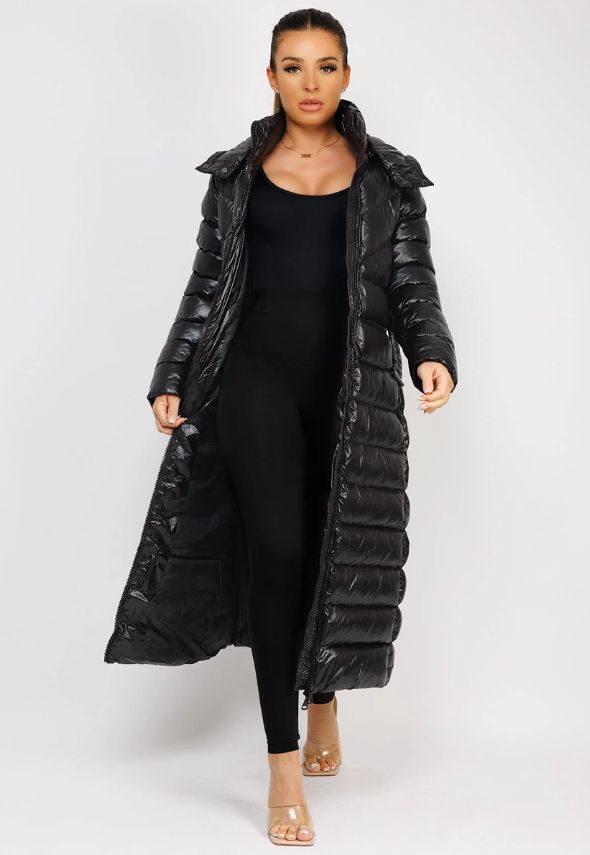 Black Long Padded Puffer Trench Coat Jacket With Hood & Belt