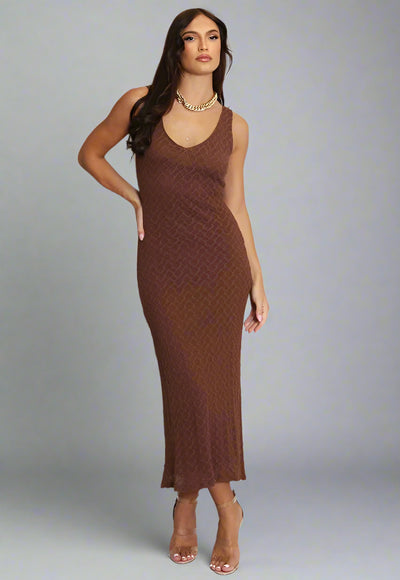 Lace Lined Sleeveless Midi Dress Brown