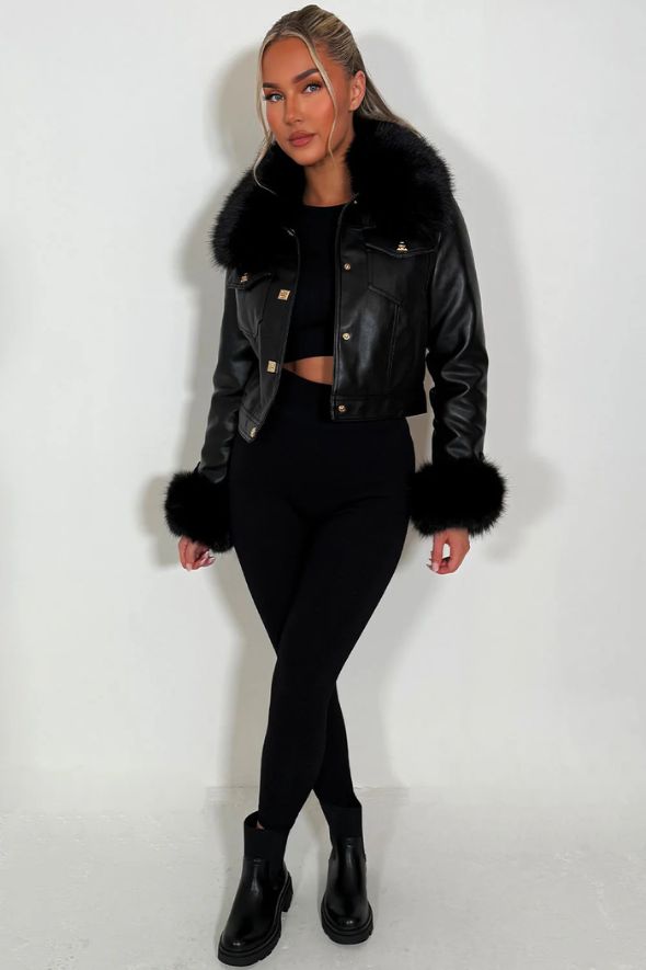 Black Faux Fur Faux Leather Bomber Jacket With Gold Buttons