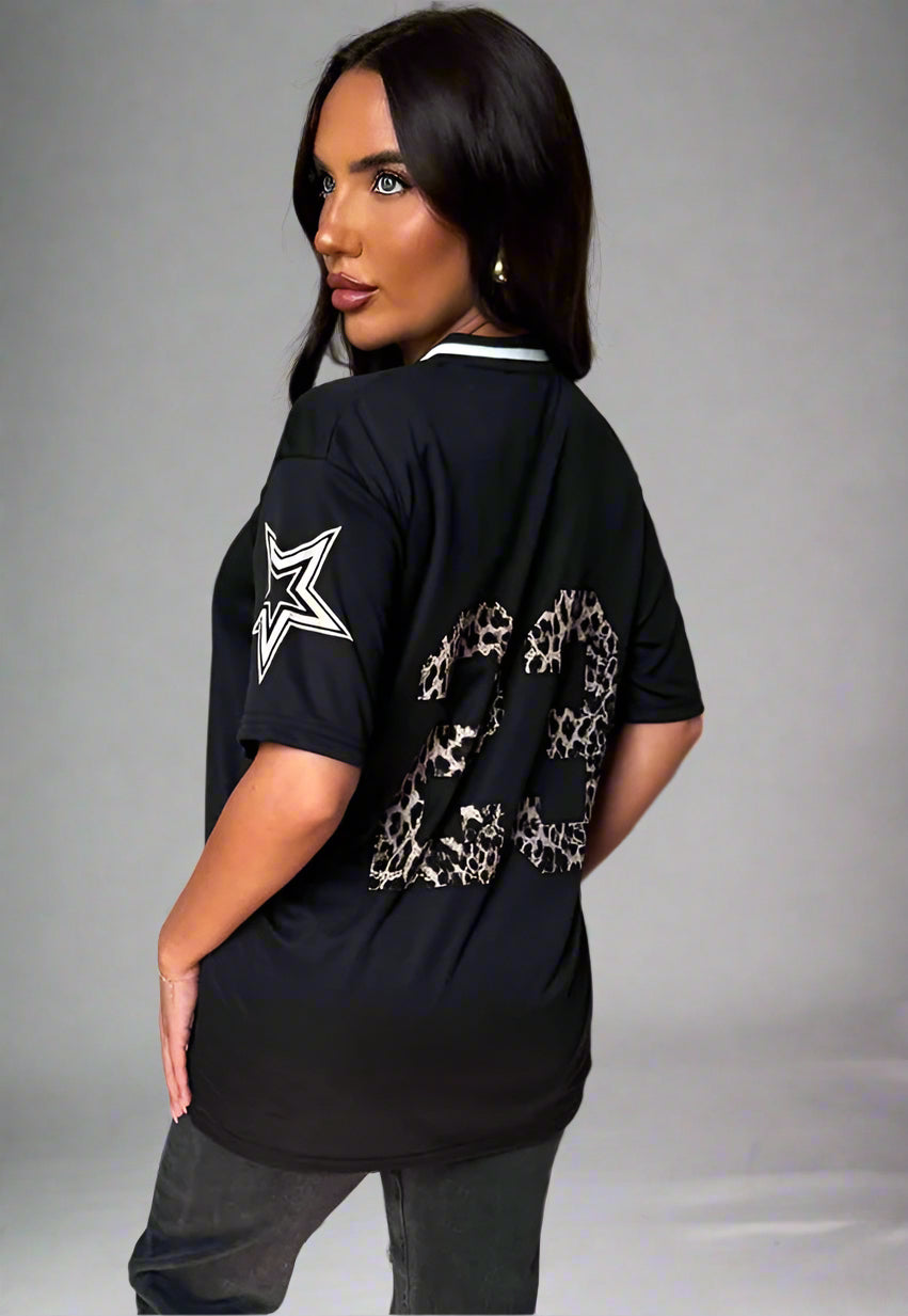 Black Football V Neck Jersey Top With Leopard Print Slogan