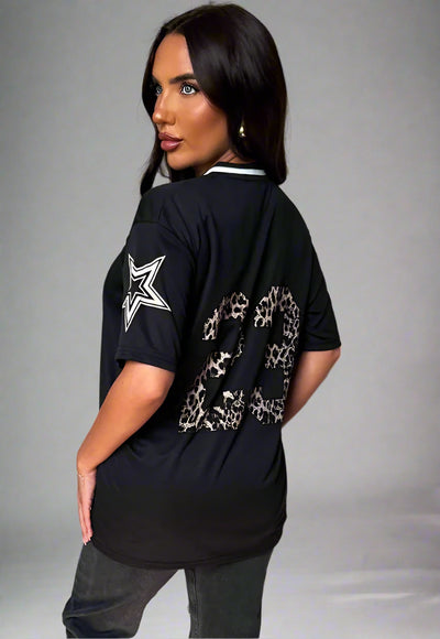 Black Football V Neck Jersey Top With Leopard Print Slogan