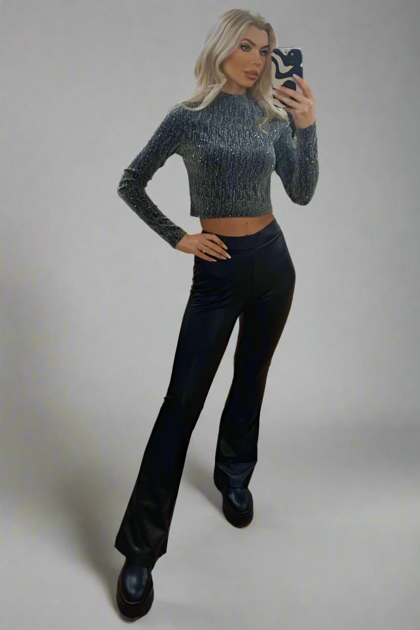 Glitz Long Sleeve Cropped Top Grey/ Silver