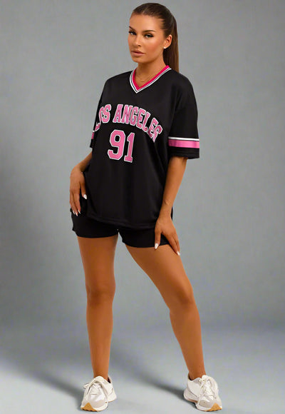 Football Jersey T Shirt And Shorts Co Ord Set With Los Angeles Print Black