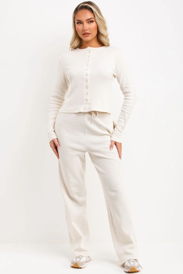 Rib Button Up Long Sleeve Top And Trouser Loungewear Set Ecru