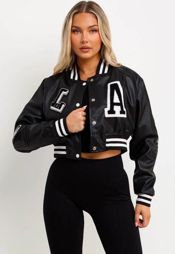 Black Varsity Bomber Faux Leather Jacket With Letter Detail