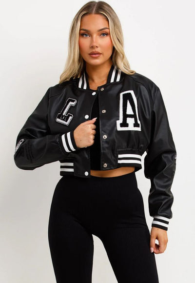 Black Varsity Bomber Faux Leather Jacket With Letter Detail