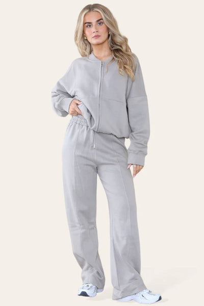 Bomber Style Oversize Fleece Zipper & Jogger Set Dove Grey