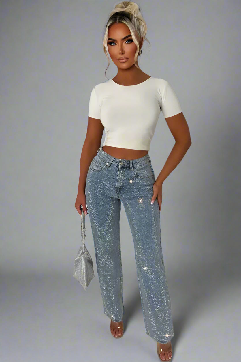 Bling Mid Blue Straight Leg Stretch Diamante Jean