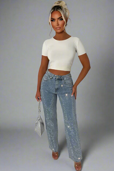 Bling Mid Blue Straight Leg Stretch Diamante Jean