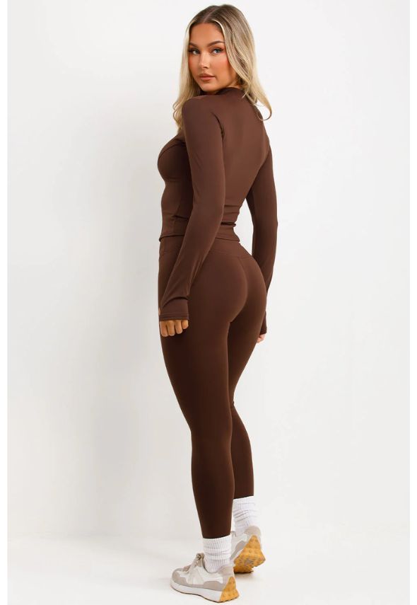 Zip Up Sports Jacket And Seamless Leggings Co Ord Set Brown