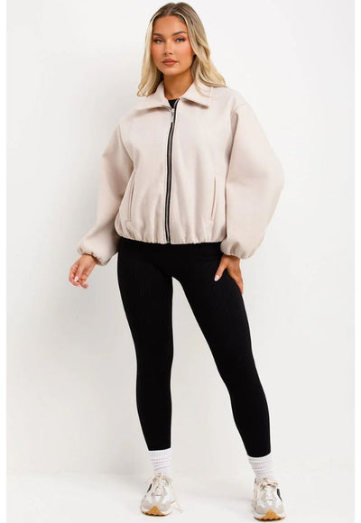 Puffed Bomber Jacket With Zip Beige