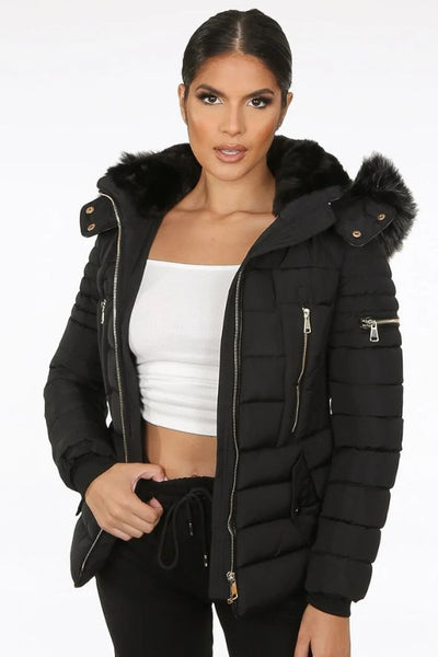 Black Faux Fur Hood Puffer Jacket