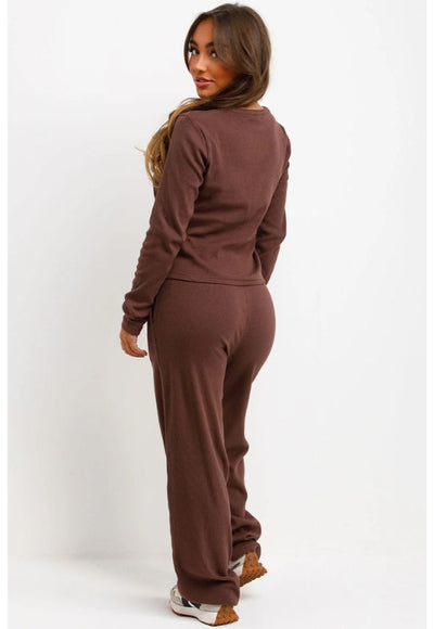 Rib Button Up Long Sleeve Top And Trouser Loungewear Set Brown
