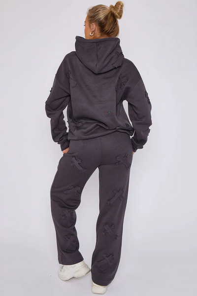 Oversized Crucifix Cross Hooded Tracksuit Dark Grey