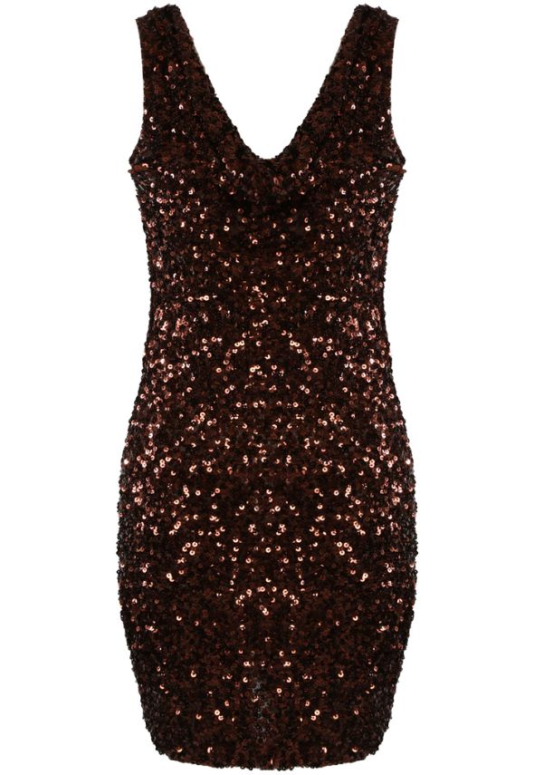 Cowl Neck Mini Dress in Sequin Copper