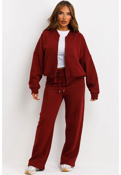 Bomber Sweatshirt With Zip And Joggers Loungewear Set Wine