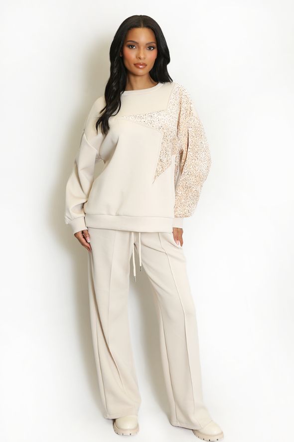 Star Sequin Sweatshirt And Trouser Co-Ord Beige