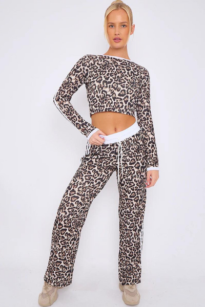 Leopard print Crop Top & Wide leg Bottoms Set White