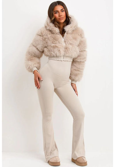 Crop Faux Fur Jacket With Hood Beige