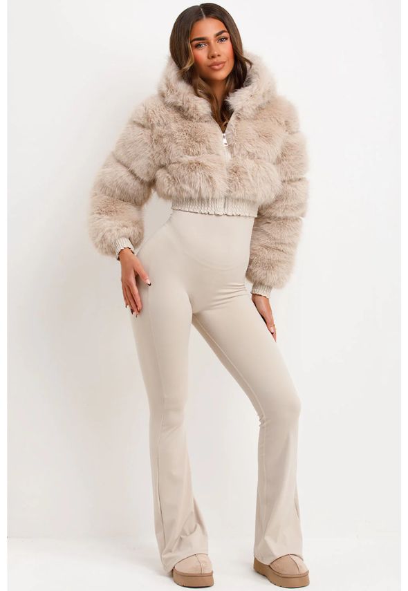 Crop Faux Fur Jacket With Hood Beige – Looking Good Boutique