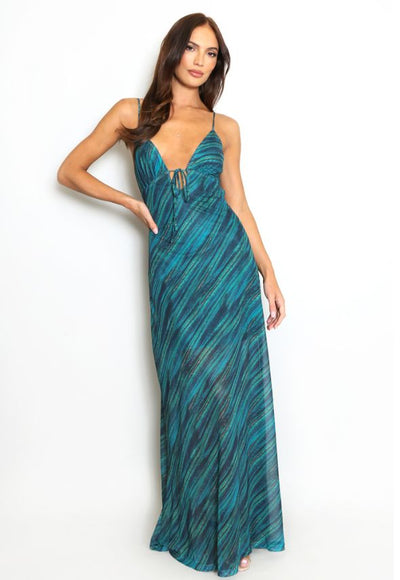Printed Mesh Cut Out Back Maxi Dress Green