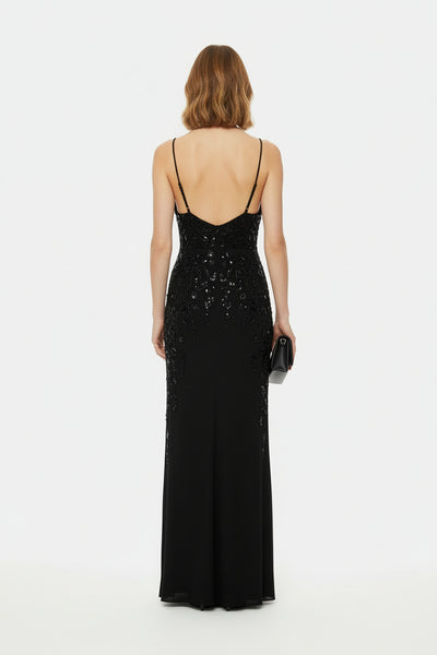 Embellished Plunge Neck Maxi Dress Black