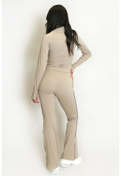 Contrast Lining Zipper Top and Flare Hem Trouser Set Beige