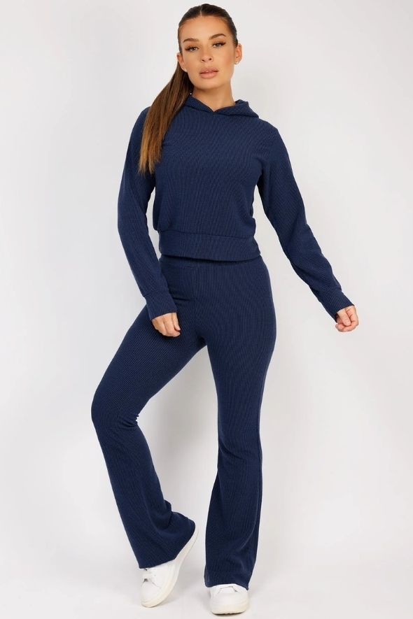 Navy Ribbed Hoody & Skinny Flare Trousers Loungewear Set