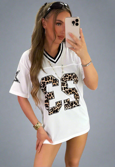 White Football V Neck Jersey Top With Leopard Print Slogan