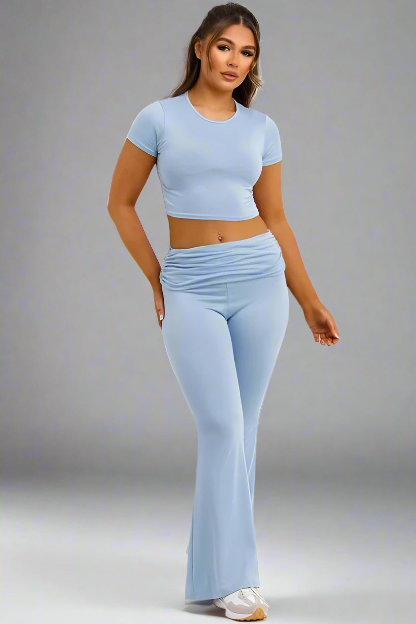 Fold Over Flared Trousers And Top Co Ord Set Baby Blue