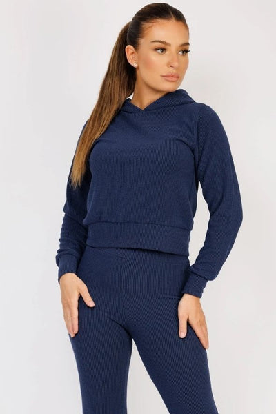 Navy Ribbed Hoody & Skinny Flare Trousers Loungewear Set