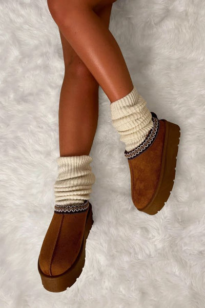 Luxury Tan Aztec Detail Faux Fur Lining Platform Boot