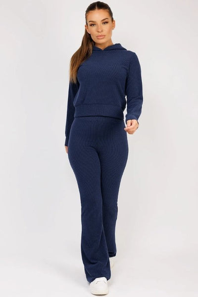 Navy Ribbed Hoody & Skinny Flare Trousers Loungewear Set