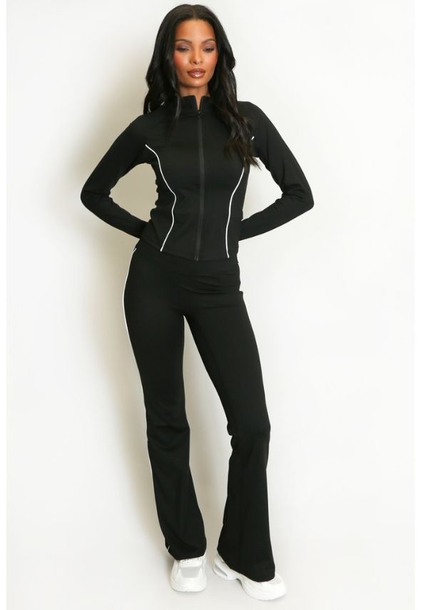 Contrast Lining Zipper Top and Flare Hem Trouser Set Black