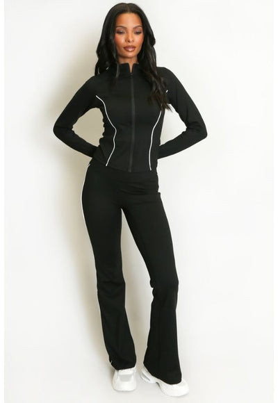Contrast Lining Zipper Top and Flare Hem Trouser Set Black