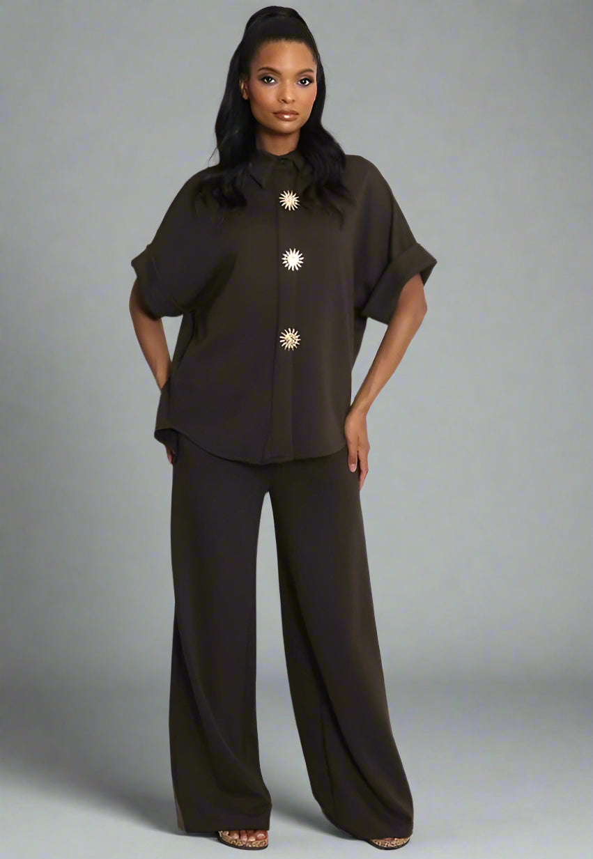 Sun Button Blouse And Trouser Set Brown