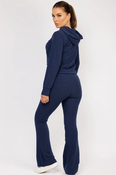 Navy Ribbed Hoody & Skinny Flare Trousers Loungewear Set