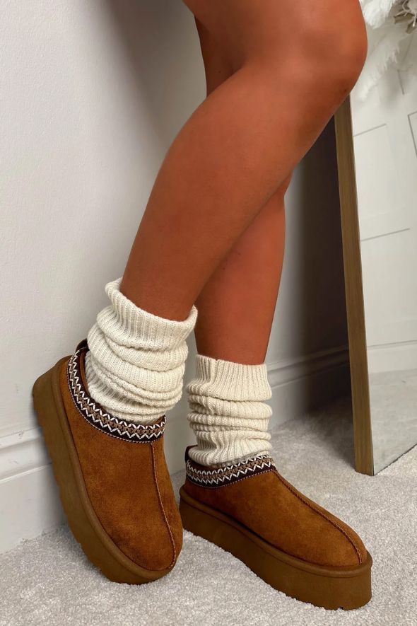 Luxury Tan Aztec Detail Faux Fur Lining Platform Boot