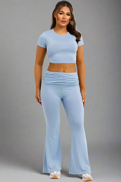 Fold Over Flared Trousers And Top Co Ord Set Baby Blue