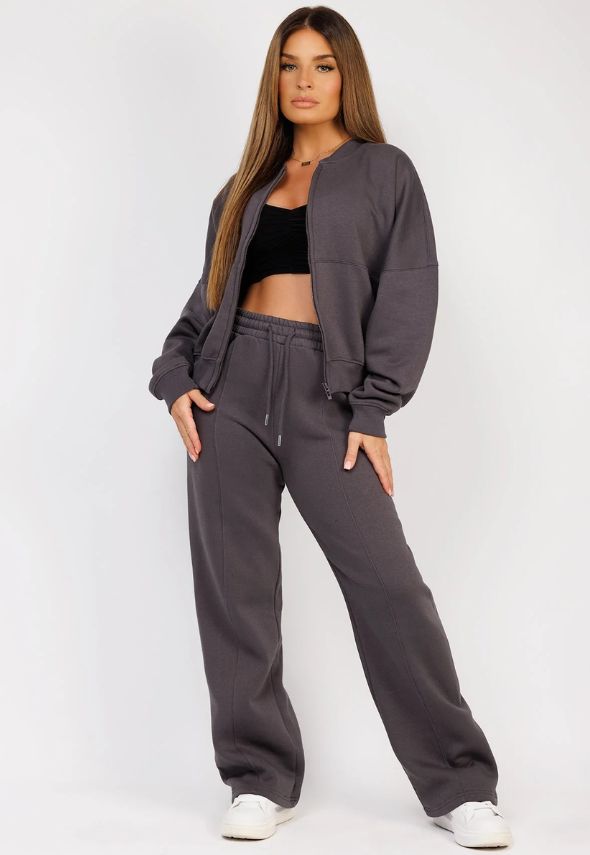 Charcoal Grey Fleece Bomber Wide-Leg Trousers Tracksuit