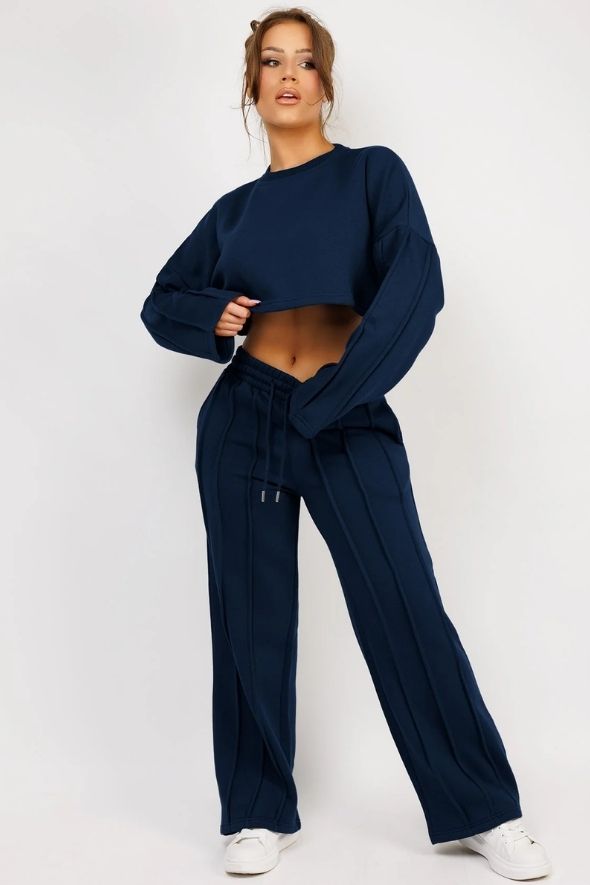 Navy Cropped Sweatshirt And Pintuck Detail Joggers Tracksuit