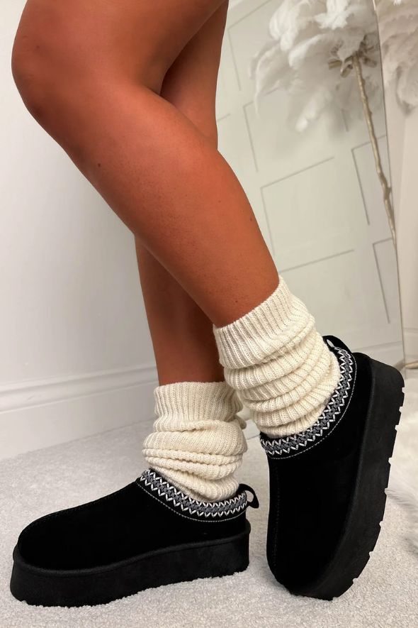 Luxury Black Aztec Detail Faux Fur Lining Platform Boot