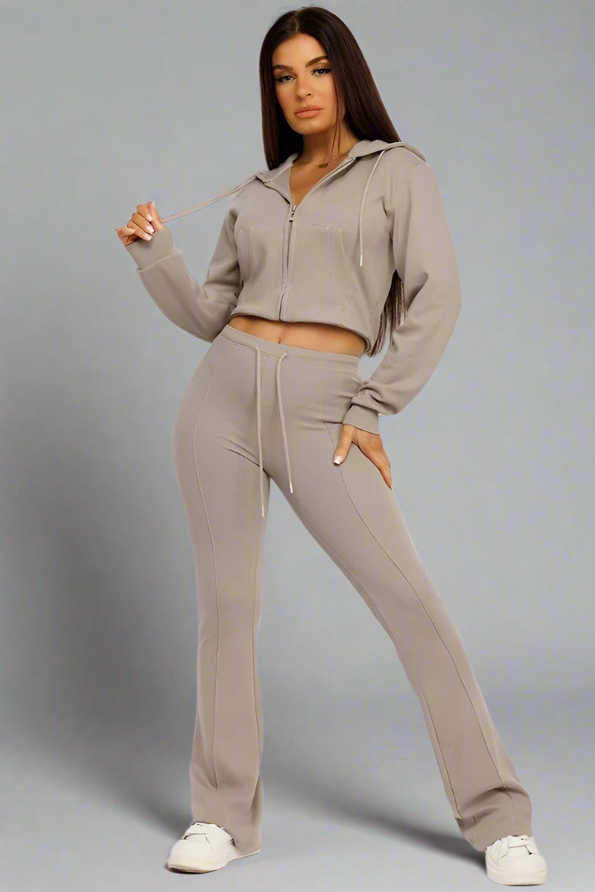 Taupe Cropped Bootcut Sweatshirt And Joggers Tracksuit