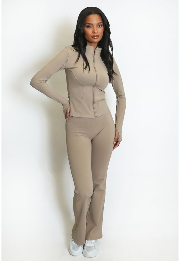 Fleece Lined Active Zip Top with Push Up Flare Trouser Beige