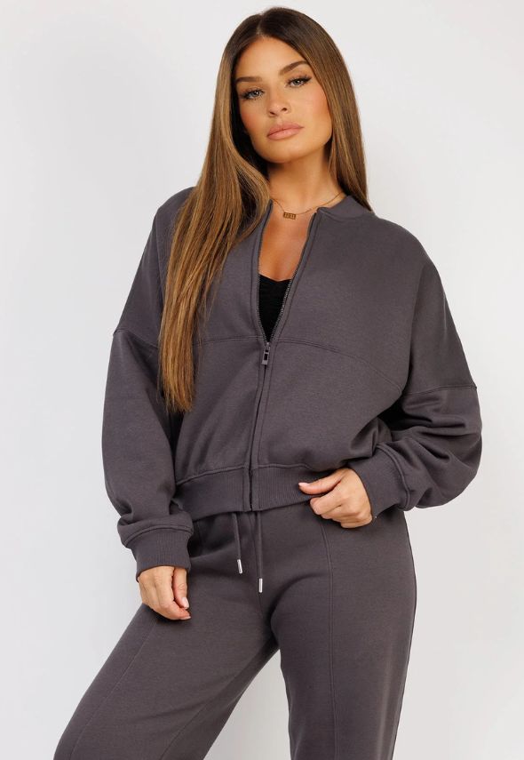 Charcoal Grey Fleece Bomber Wide-Leg Trousers Tracksuit