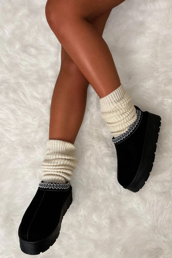 Luxury Black Aztec Detail Faux Fur Lining Platform Boot